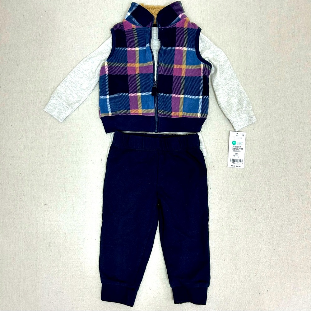Carters Baby Boy Outfits Size 12M Months Purple Plaid Vest Winter Outfit